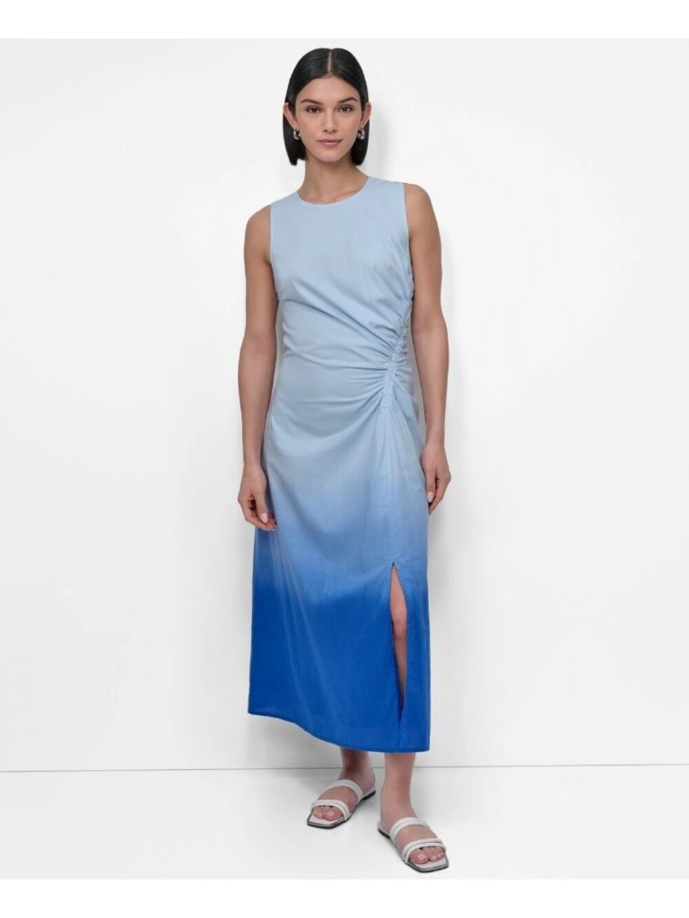 DKNY Womens Blue Sleeveless A-Line Ruched Dip Dye Midi Dress Size 14